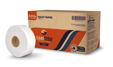 Caja y rollo de papel higiénico institucional Sanitisu Básico de 400 metros