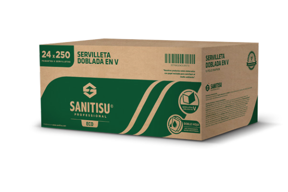 Caja de servilleta Sanitisu V-Fold Latte Eco, 24 paquetes de 250 unidades